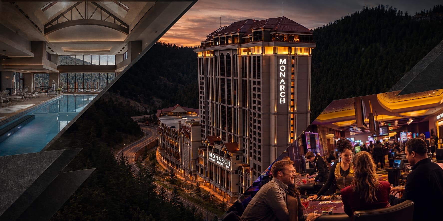 Editorial collage of Monarch Casino Resort Spa, its rooftop pool, and casino floor.