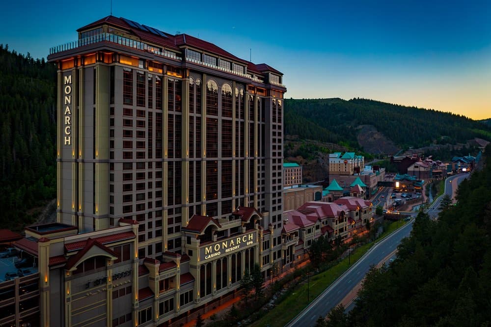 Monarch Casino Resort Spa's tower at dusk, Black Hawk.